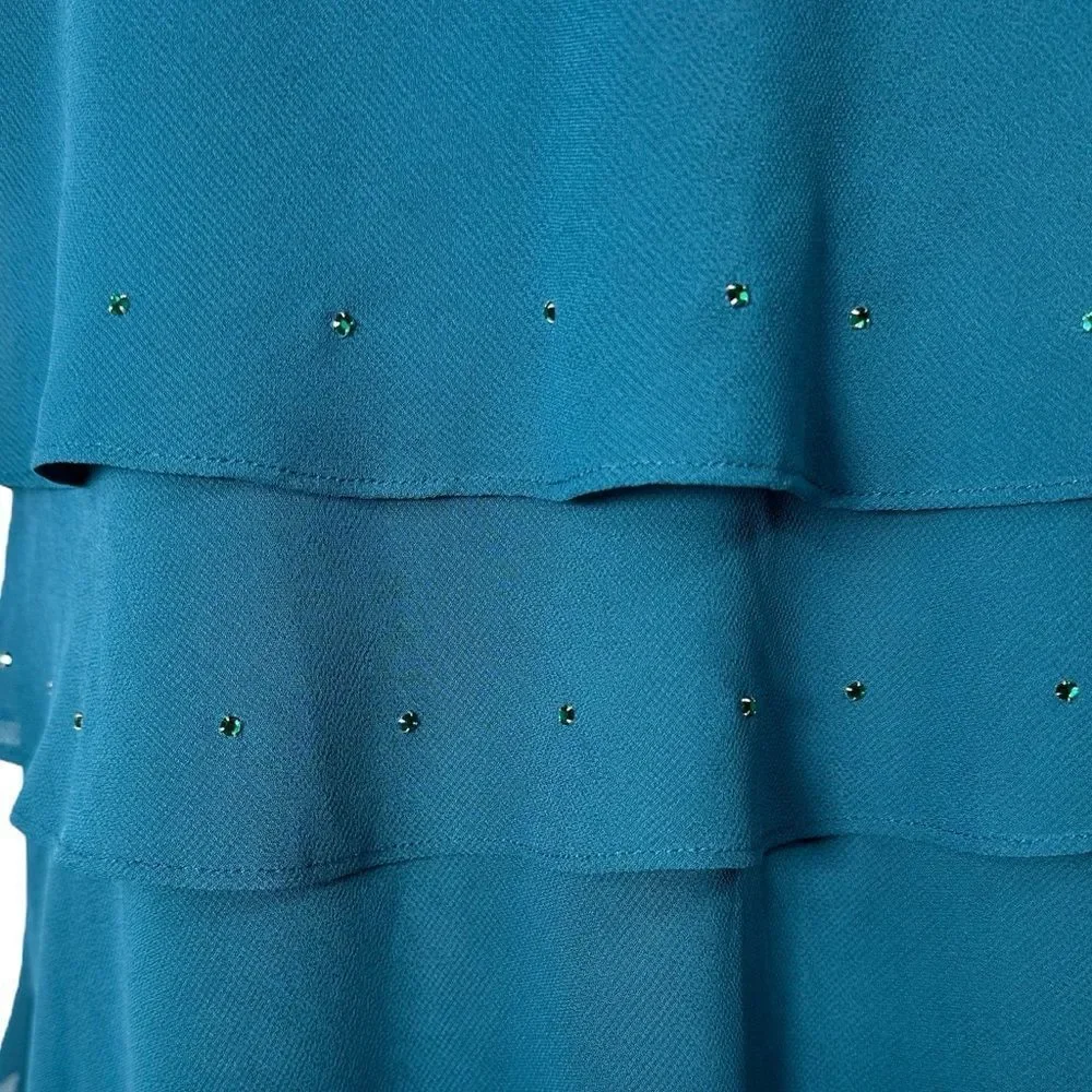 Ursula Of Switzerland Teal Blue Sleeveless Rhinestone Ruffle Hem Dress - Picture 2 of 9